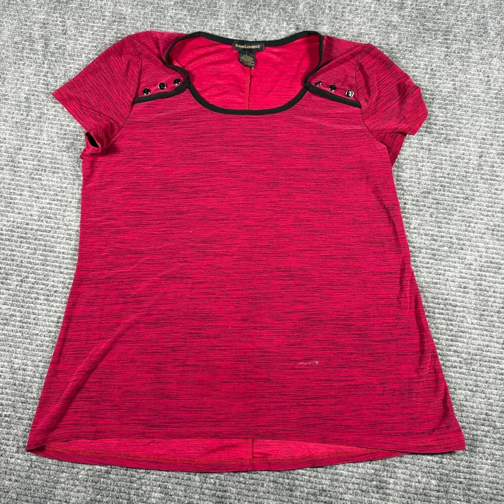 Susan Lawrence Top Womens L Red Good Space Dye Scoop Neck Button Accent